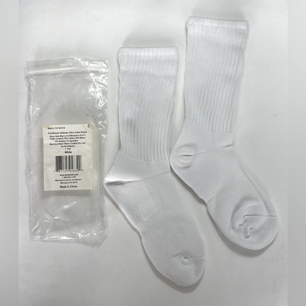 FootSmart Mens Shoe Size 6-10 White Diabetic Crew Socks 1 Pair New See Disc